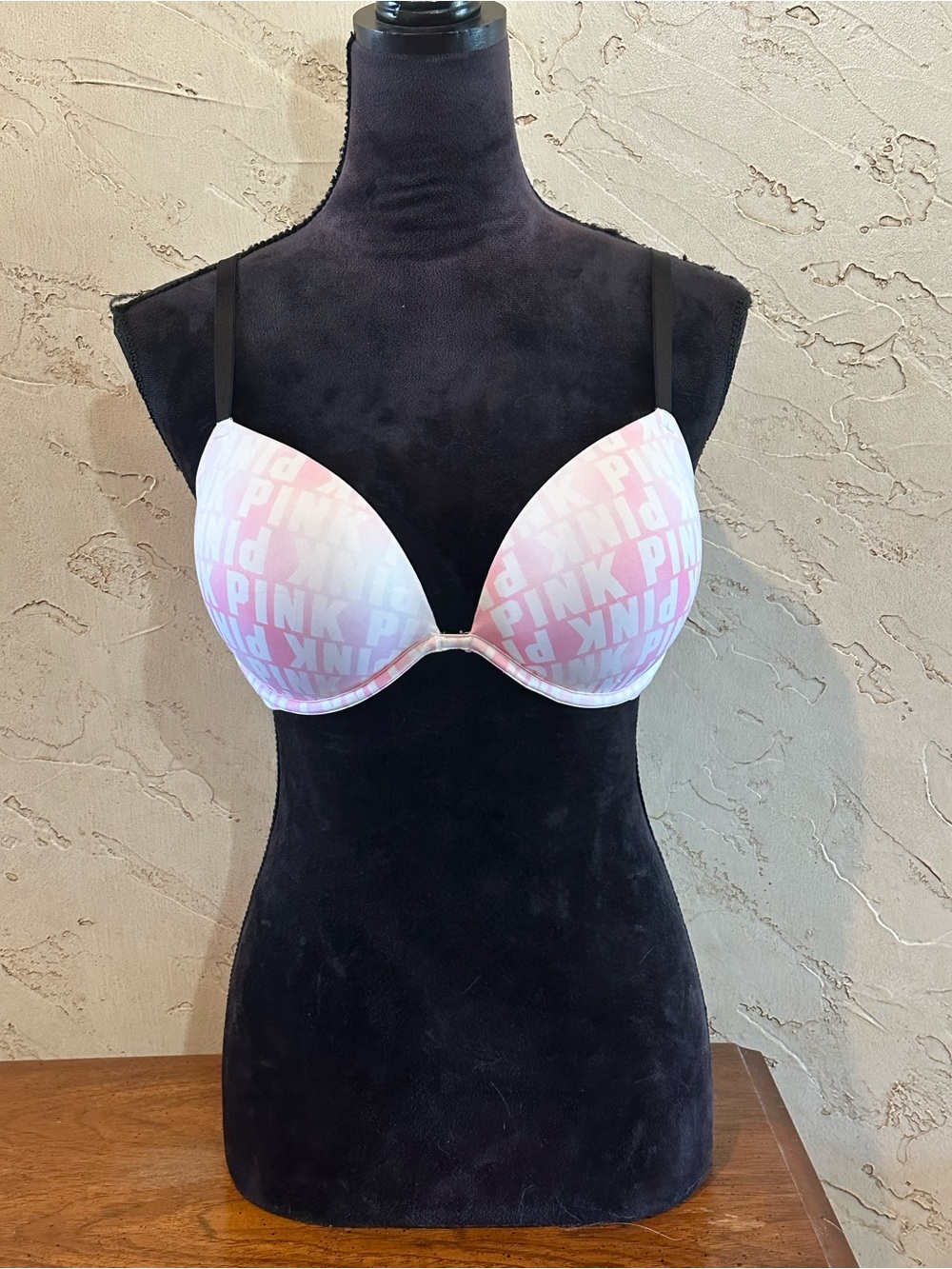 PINK Victoria's Secret Ombre Pink & White All Over Logo Print Push-Up Bra 36C